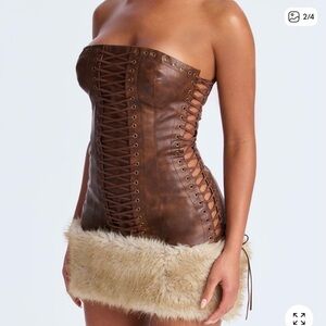 New Fashion Nova Cave Vixen Faux Leather Fur Trim Mini Dress - Brown Large
